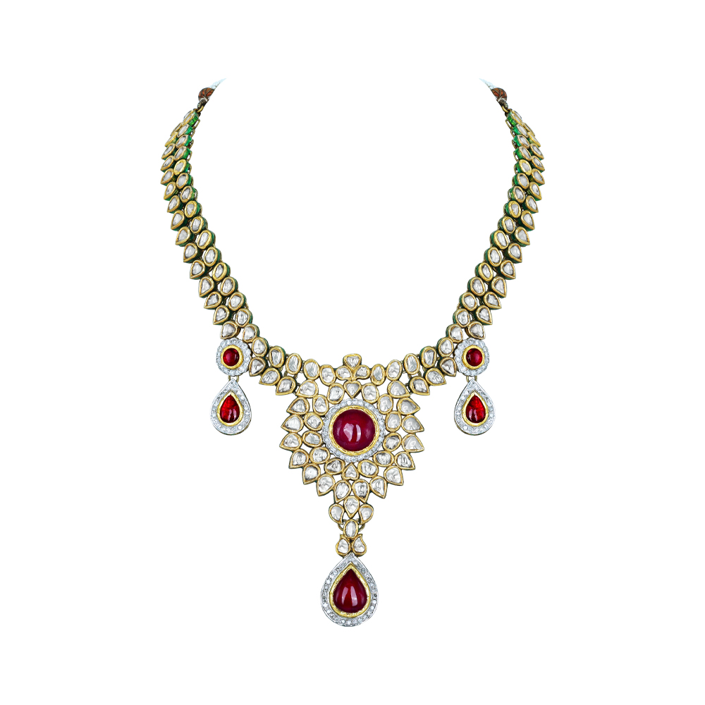 Rhodolite Cabochon Necklace with Polki Diamonds and Teardrops